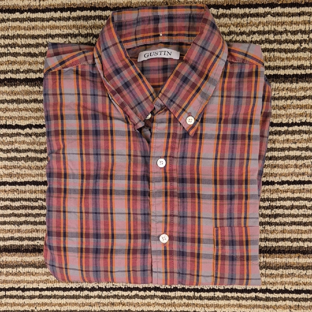 GUSTIN Red Orange Grey Plaid Cotton USA Sz Small Long Sleeve Mens Shirt